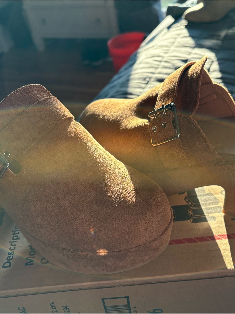 Corkys Suede Buckle Platform Mules in Tan